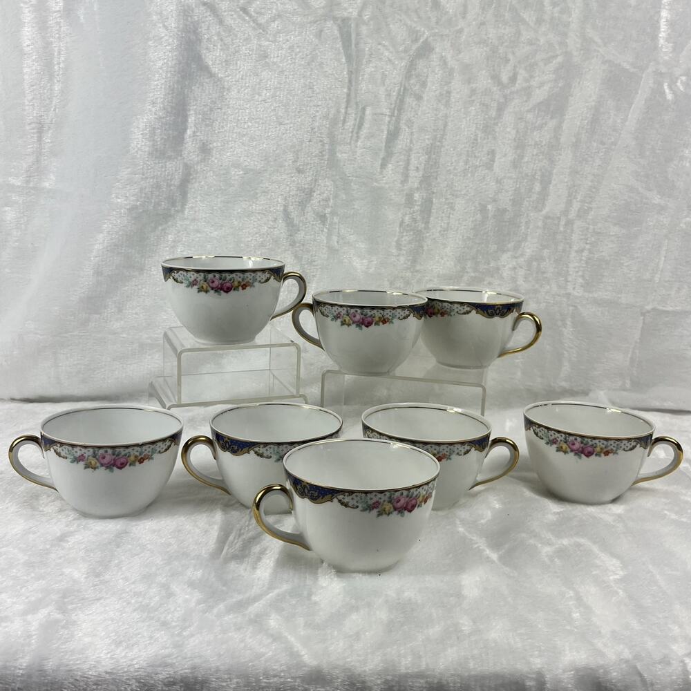 Thuny Czechoslovakia Porcelain Tea Cups Set Of 8 Floral Garland Gold Trim
